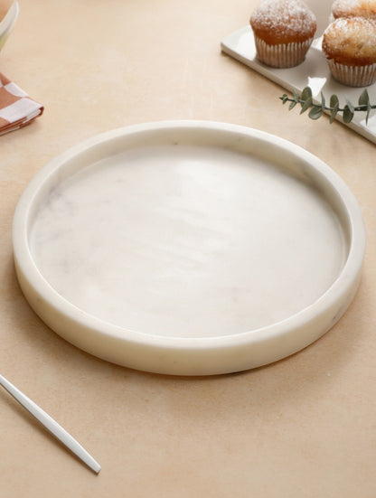 White Marble Round Tray with Raised Rim