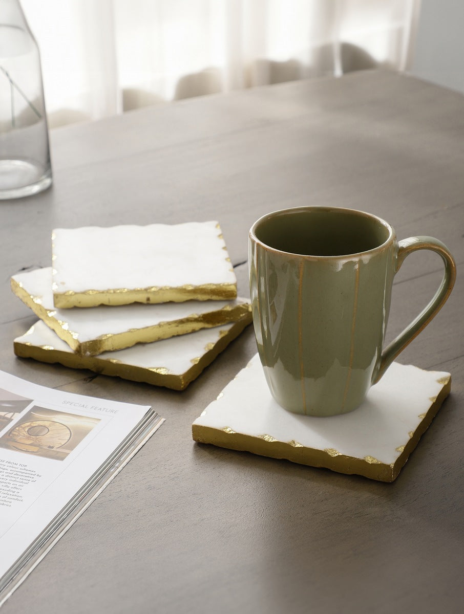 White Marble Square Coasters with Metal Edge – Set of Four