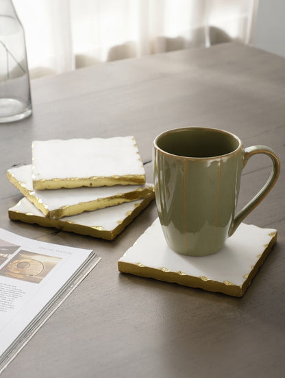 White Marble Square Coasters with Metal Edge – Set of Four
