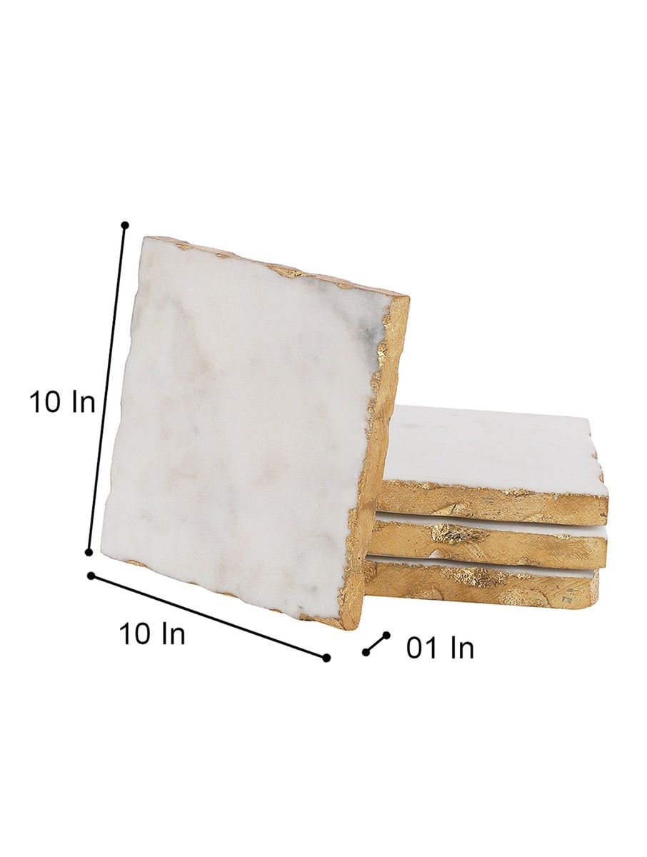 White Marble Square Coasters with Metal Edge – Set of Four