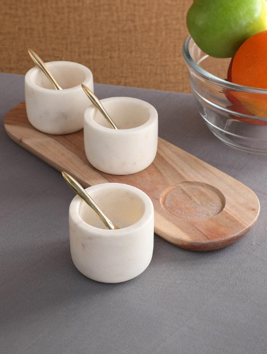 White Marble Container Set with Wooden Tray