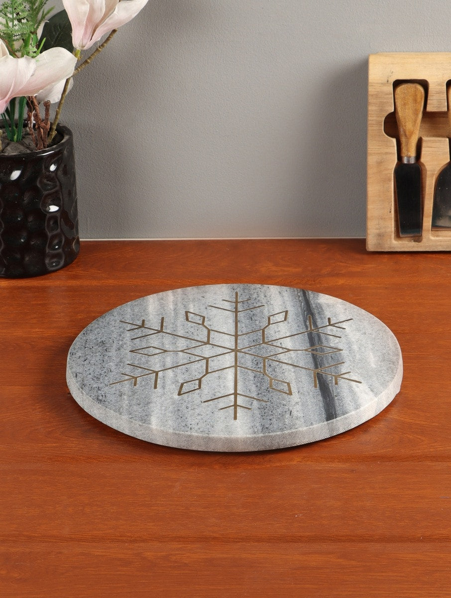 Grey Marble Round Serving Platter with Metal Inlay