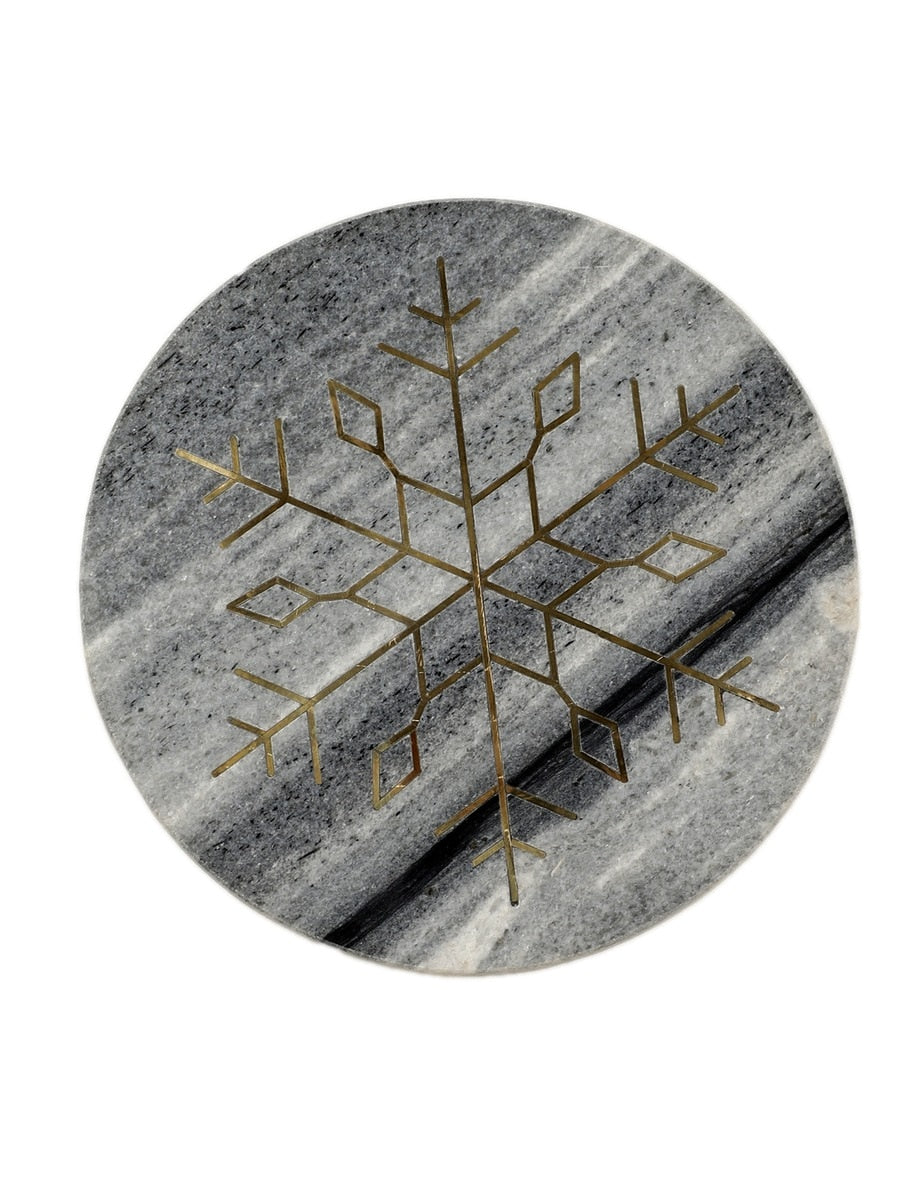 Grey Marble Round Serving Platter with Metal Inlay