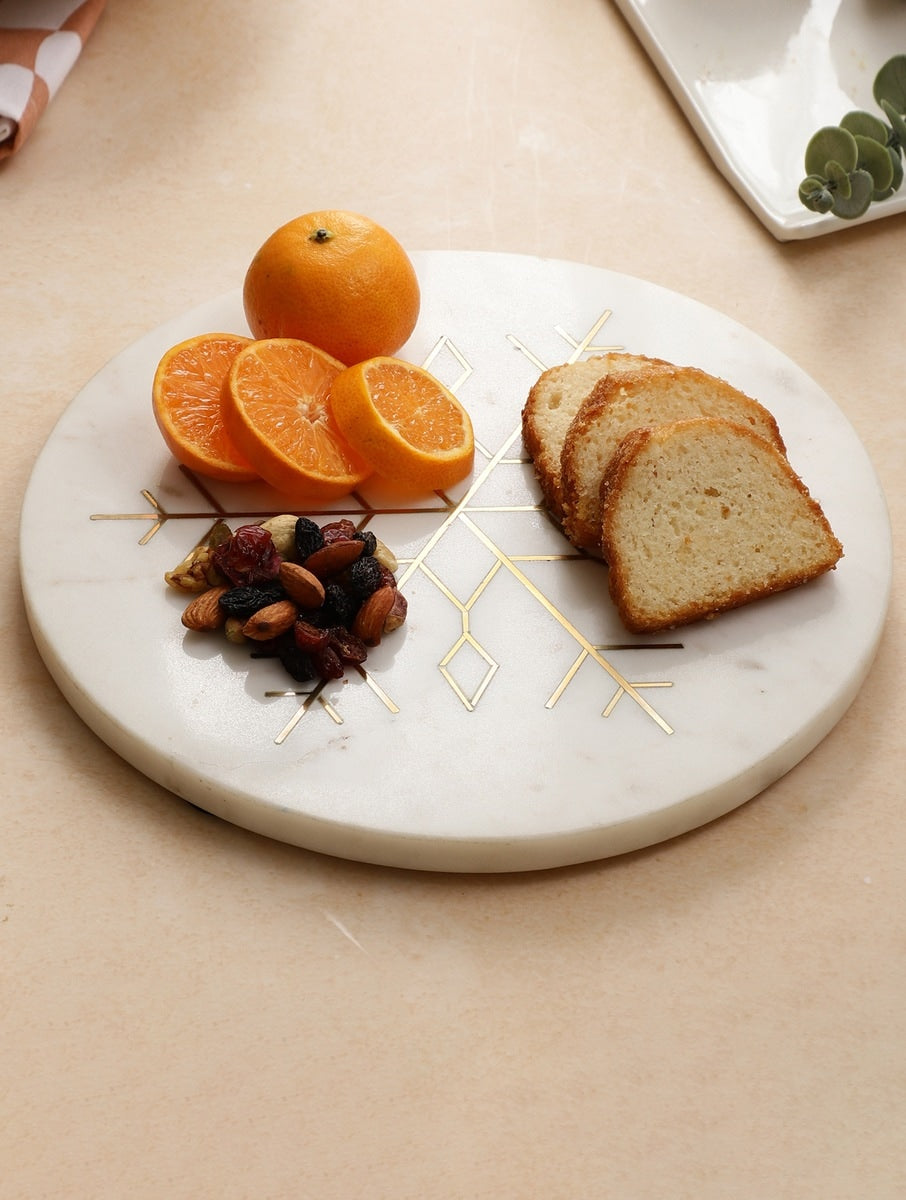 White Marble Round Platter with Metal Snowflake Inlay