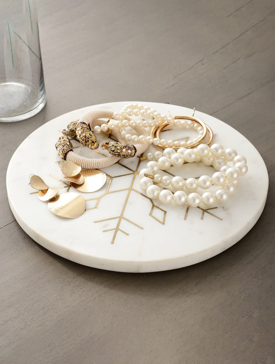 White Marble Round Platter with Metal Snowflake Inlay