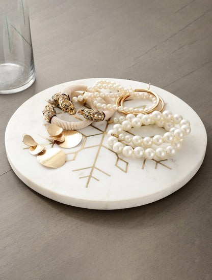 White Marble Round Platter with Metal Snowflake Inlay