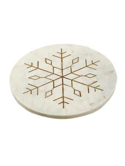 White Marble Round Platter with Metal Snowflake Inlay