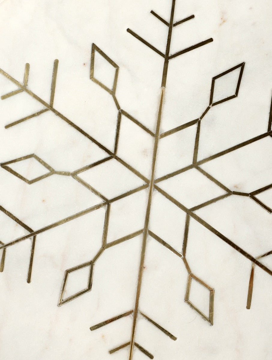 White Marble Round Platter with Metal Snowflake Inlay