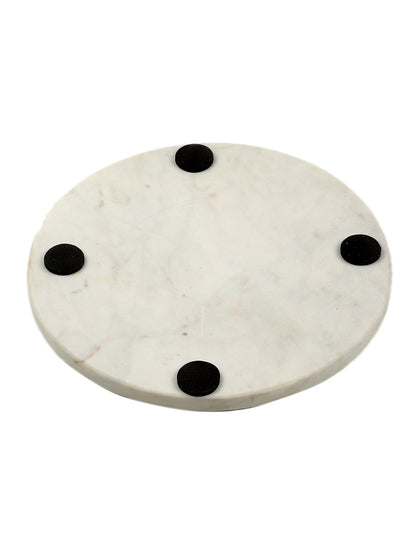 White Marble Round Platter with Metal Snowflake Inlay