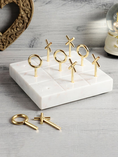White Marble Tic-Tac-Toe Set with Metal X and O Pieces