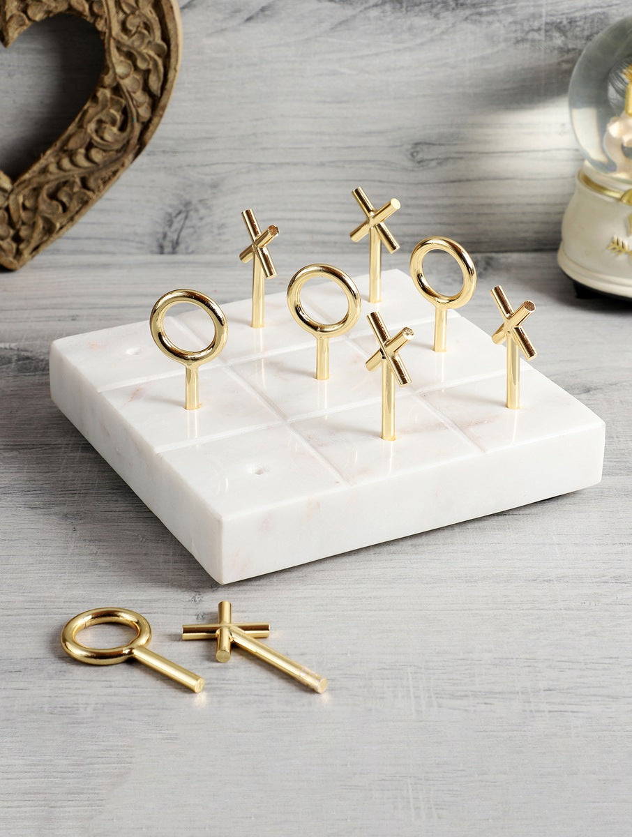 White Marble Tic-Tac-Toe Set with Metal X and O Pieces