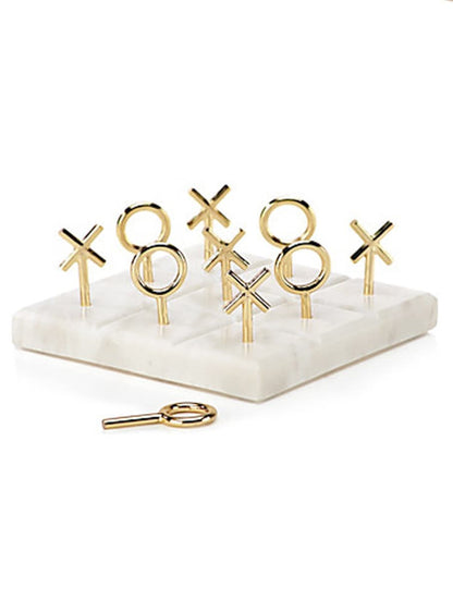 White Marble Tic-Tac-Toe Set with Metal X and O Pieces