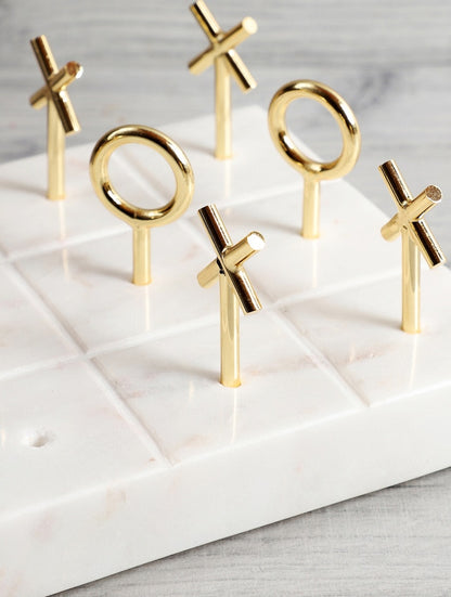 White Marble Tic-Tac-Toe Set with Metal X and O Pieces