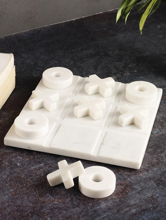 Hand-Carved White Marble Tic-Tac-Toe Set with X and O Pieces