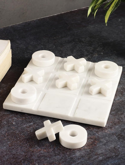 Hand-Carved White Marble Tic-Tac-Toe Set with X and O Pieces