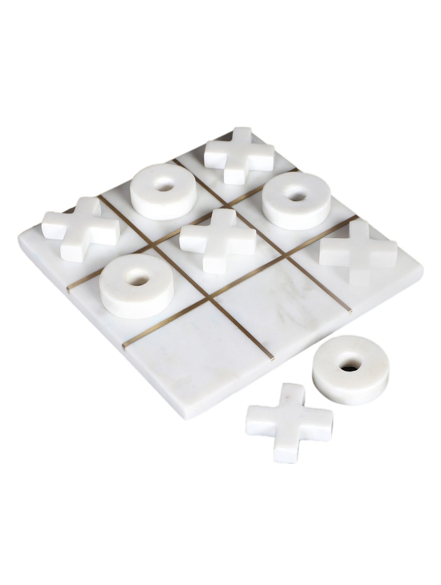 Hand-Carved White Marble Tic-Tac-Toe Set with X and O Pieces
