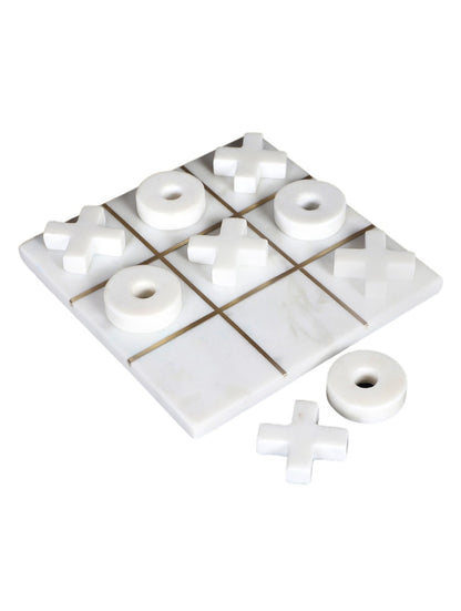Hand-Carved White Marble Tic-Tac-Toe Set with X and O Pieces