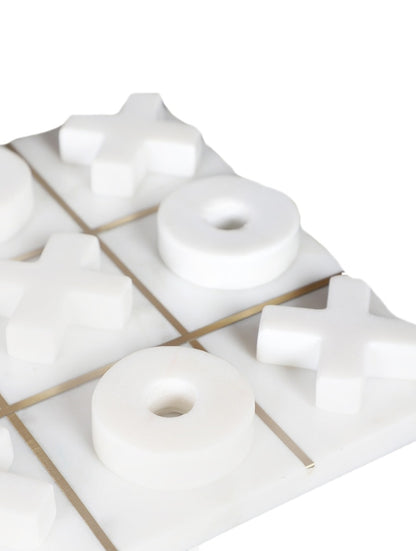 Hand-Carved White Marble Tic-Tac-Toe Set with X and O Pieces