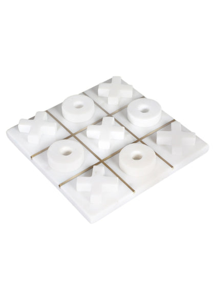 Hand-Carved White Marble Tic-Tac-Toe Set with X and O Pieces