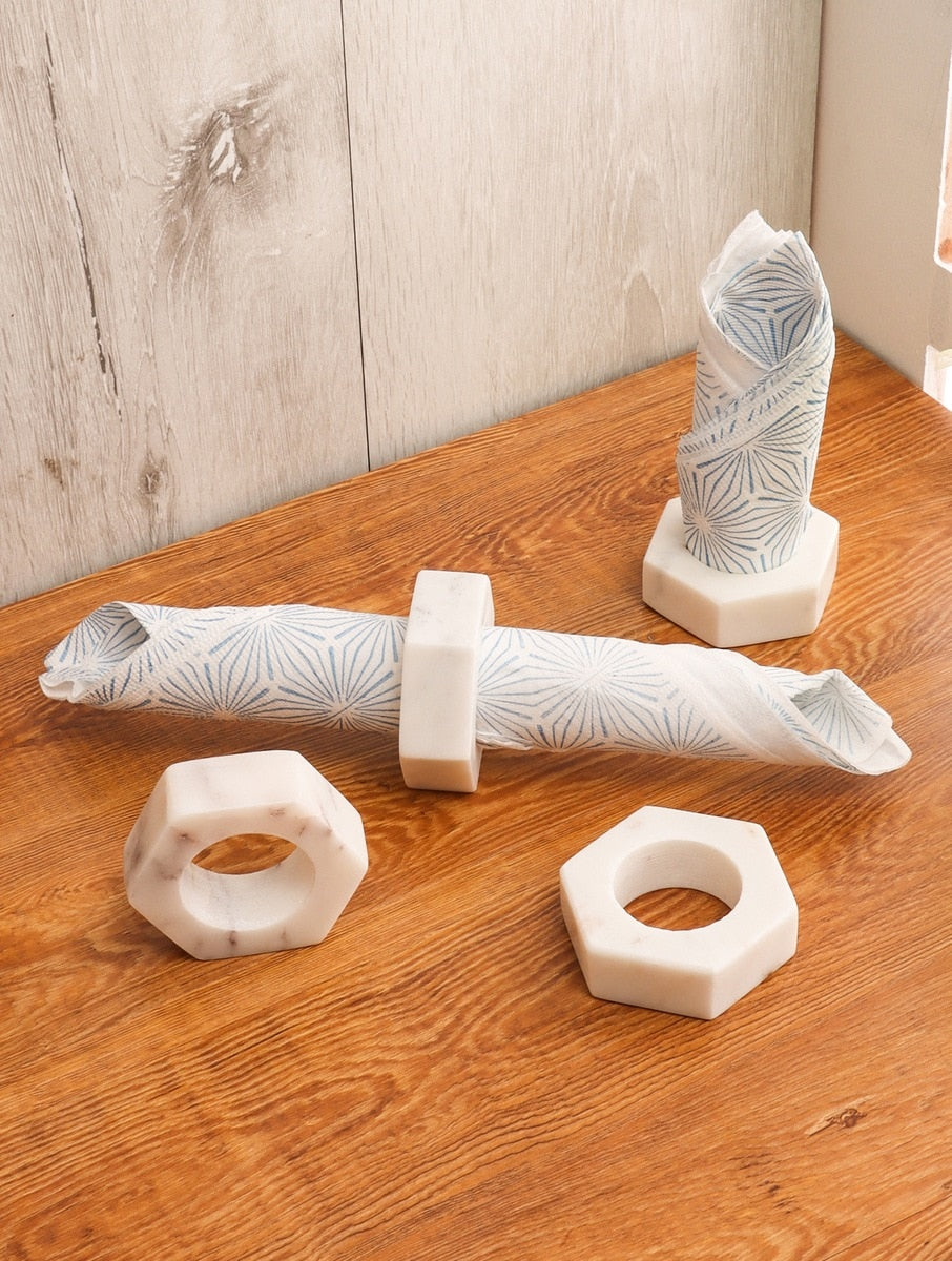 White Marble Hexagonal Napkin Rings – Set of Four