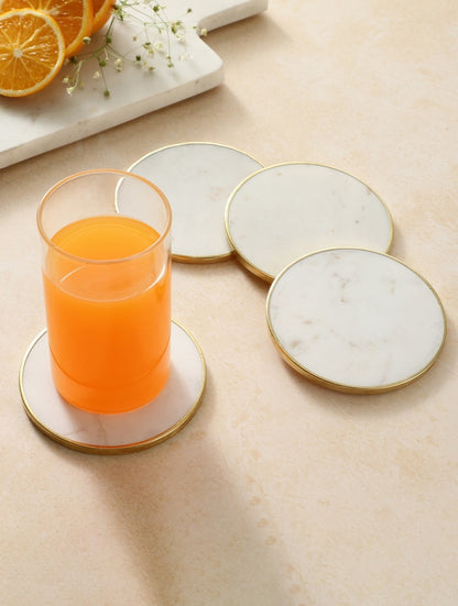White Marble Round Coasters with Metal Rim Set of Four