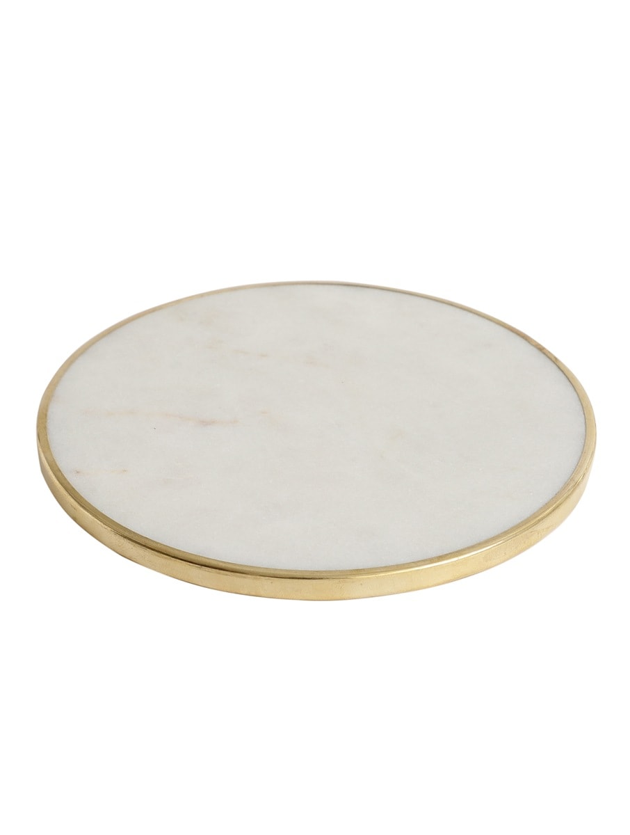 White Marble Round Coasters with Metal Rim Set of Four