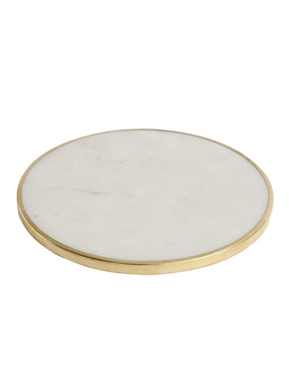 White Marble Round Coasters with Metal Rim Set of Four
