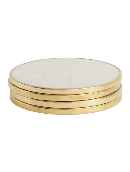 White Marble Round Coasters with Metal Rim Set of Four