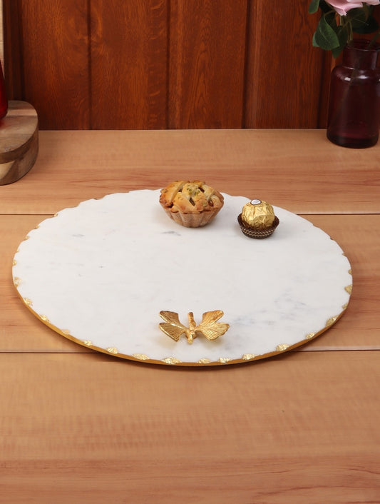 White Marble Scalloped Platter with Metal Butterfly