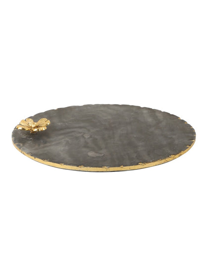Black Marble Round Platter with Metal Flower Accent