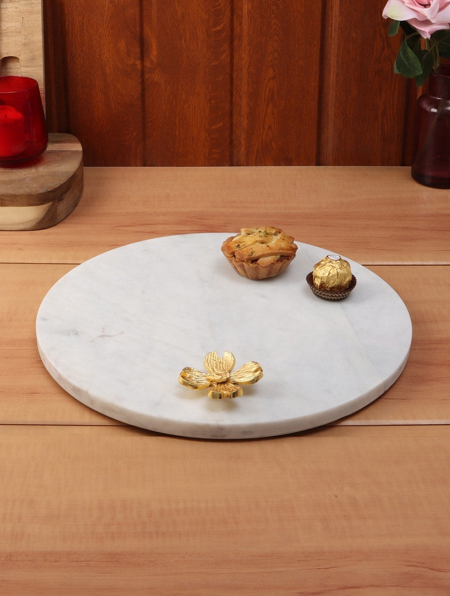 White Marble Round Platter with Metal Flower Accent