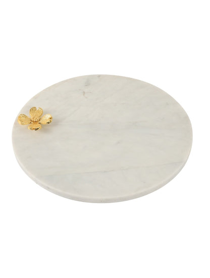 White Marble Round Platter with Metal Flower Accent