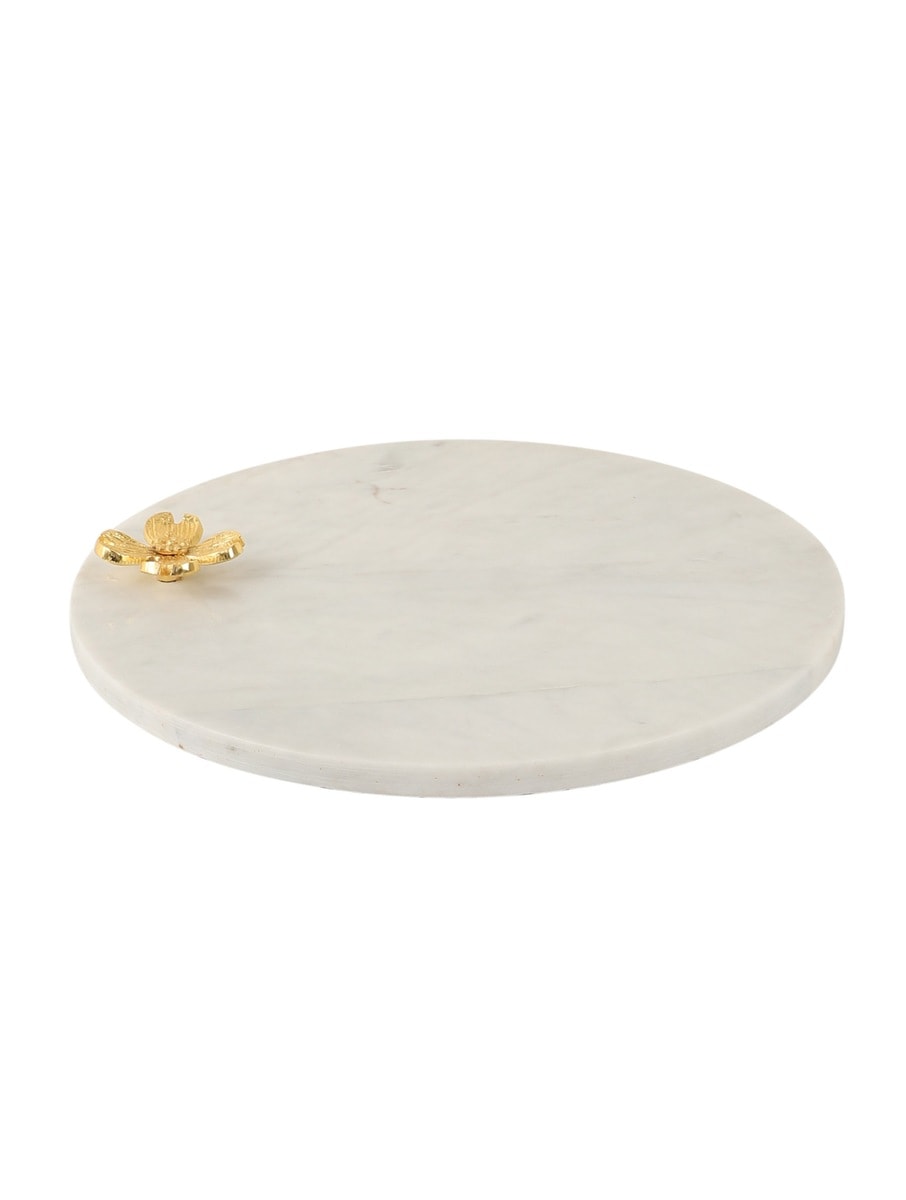 White Marble Round Platter with Metal Flower Accent