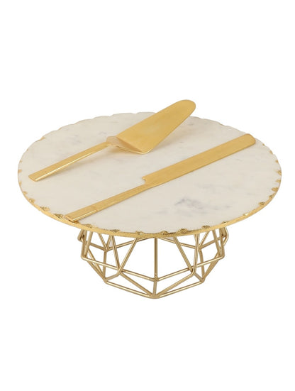 White Marble Cake Stand with Geometric Metal Base
