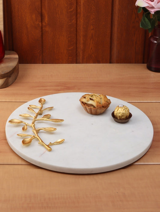 White Marble Round Platter with Metal Leaf Detail