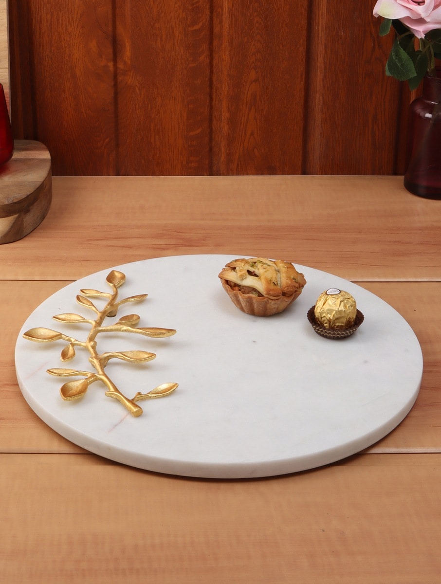 White Marble Round Platter with Metal Leaf Detail