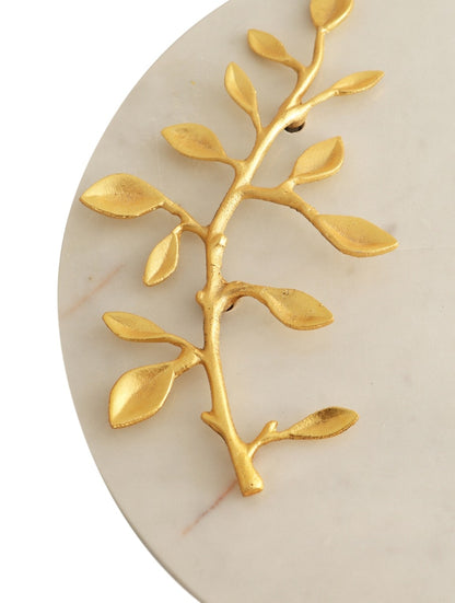 White Marble Round Platter with Metal Leaf Detail