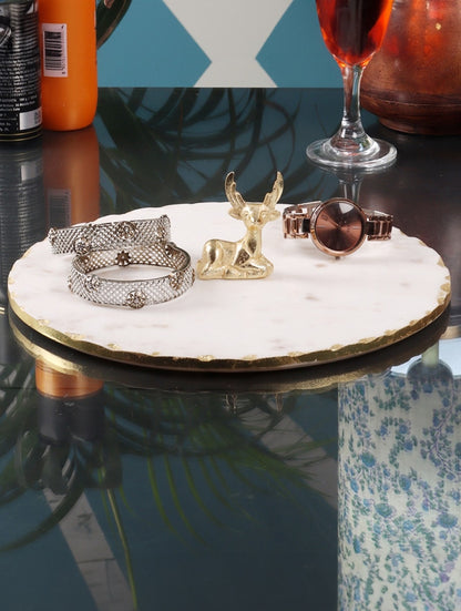 White Marble Round Platter with Metal Deer Accent