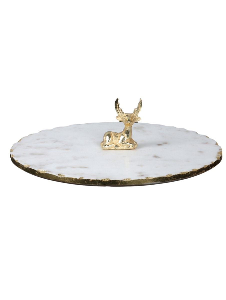 White Marble Round Platter with Metal Deer Accent