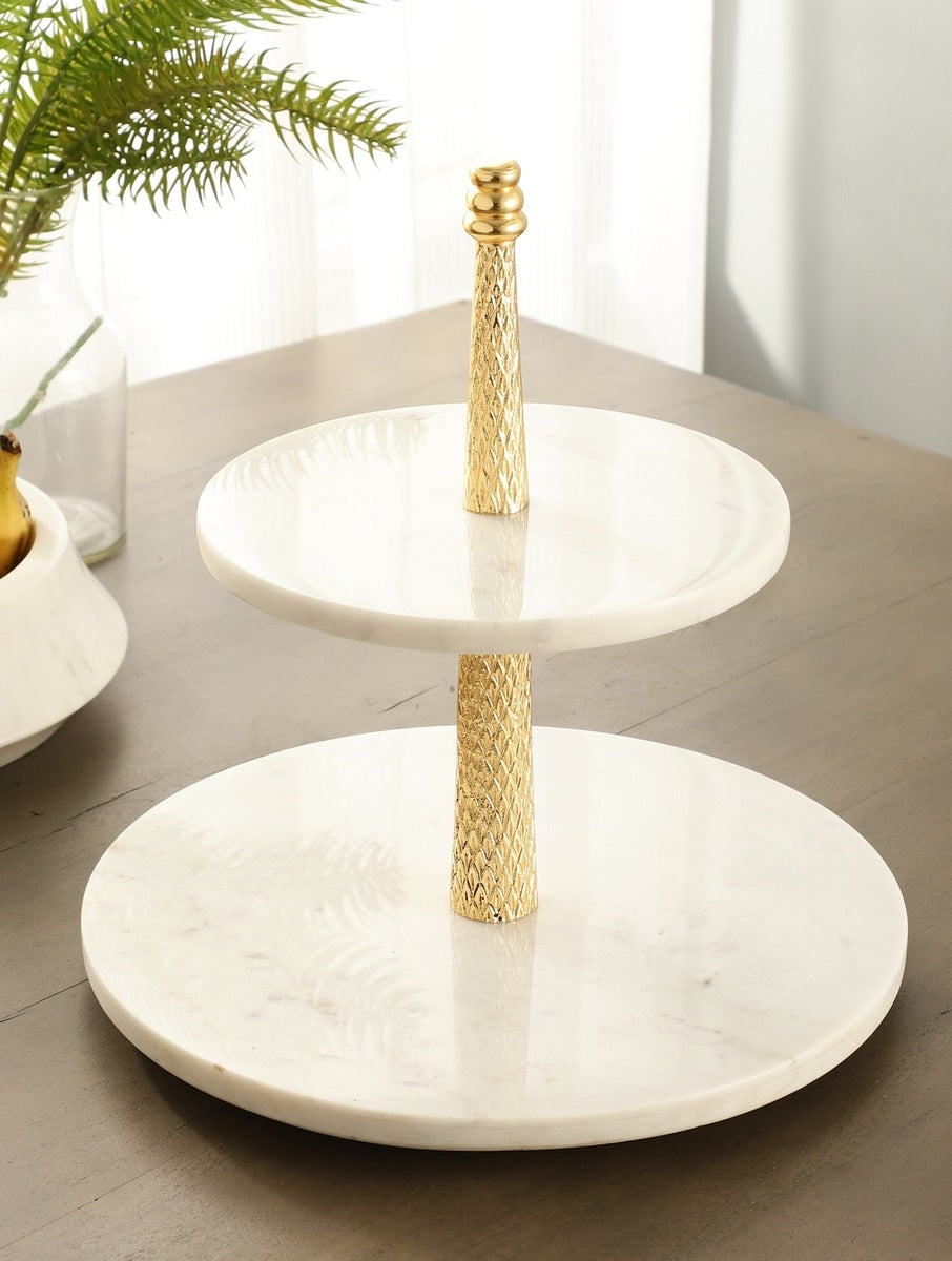 White Marble Two-Tier Stand with Textured Metal Column