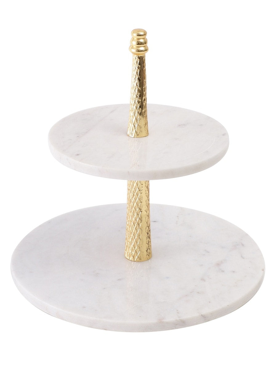 White Marble Two-Tier Stand with Textured Metal Column