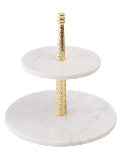 White Marble Two-Tier Stand with Textured Metal Column