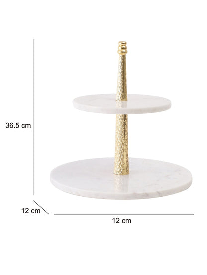 White Marble Two-Tier Stand with Textured Metal Column