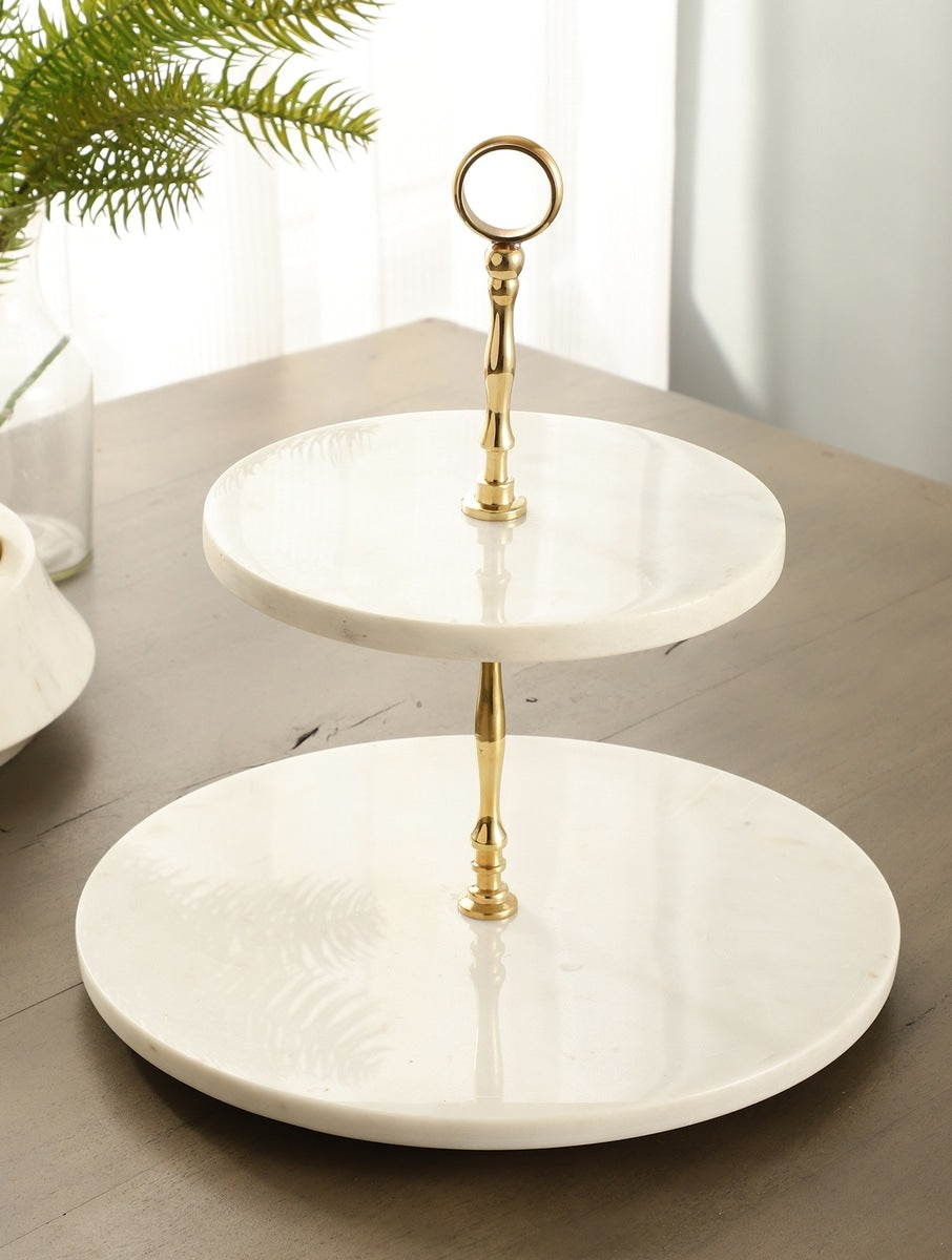 White Marble Two-Tier Stand with Metal Ring Handle