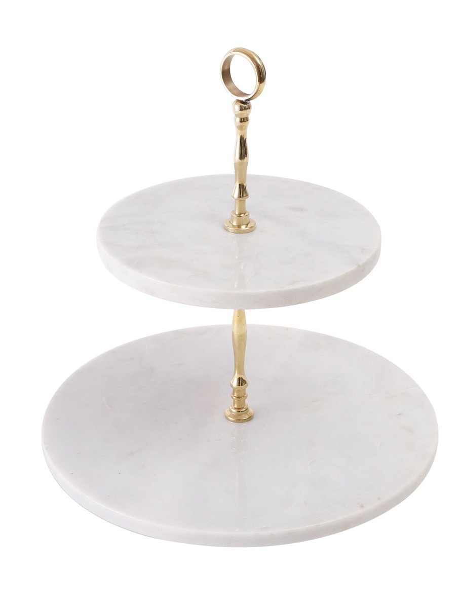 White Marble Two-Tier Stand with Metal Ring Handle