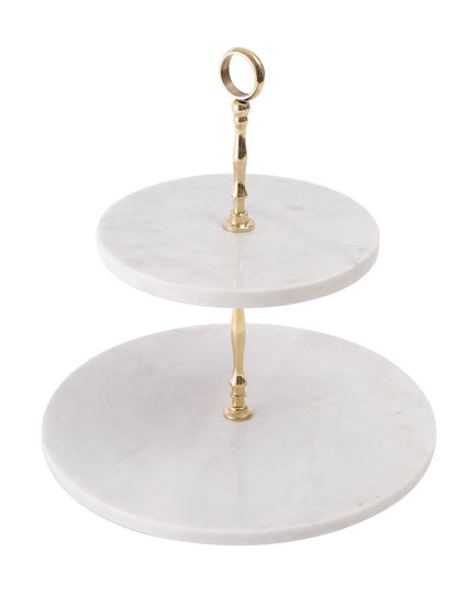White Marble Two-Tier Stand with Metal Ring Handle