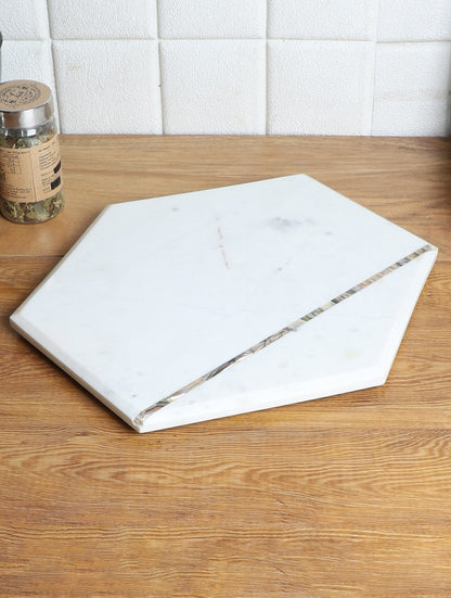 White Marble Hexagonal Serving Platter with Metal Inlay