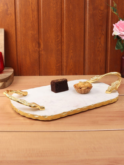 White Marble Rectangular Tray with Metal Branch Handles