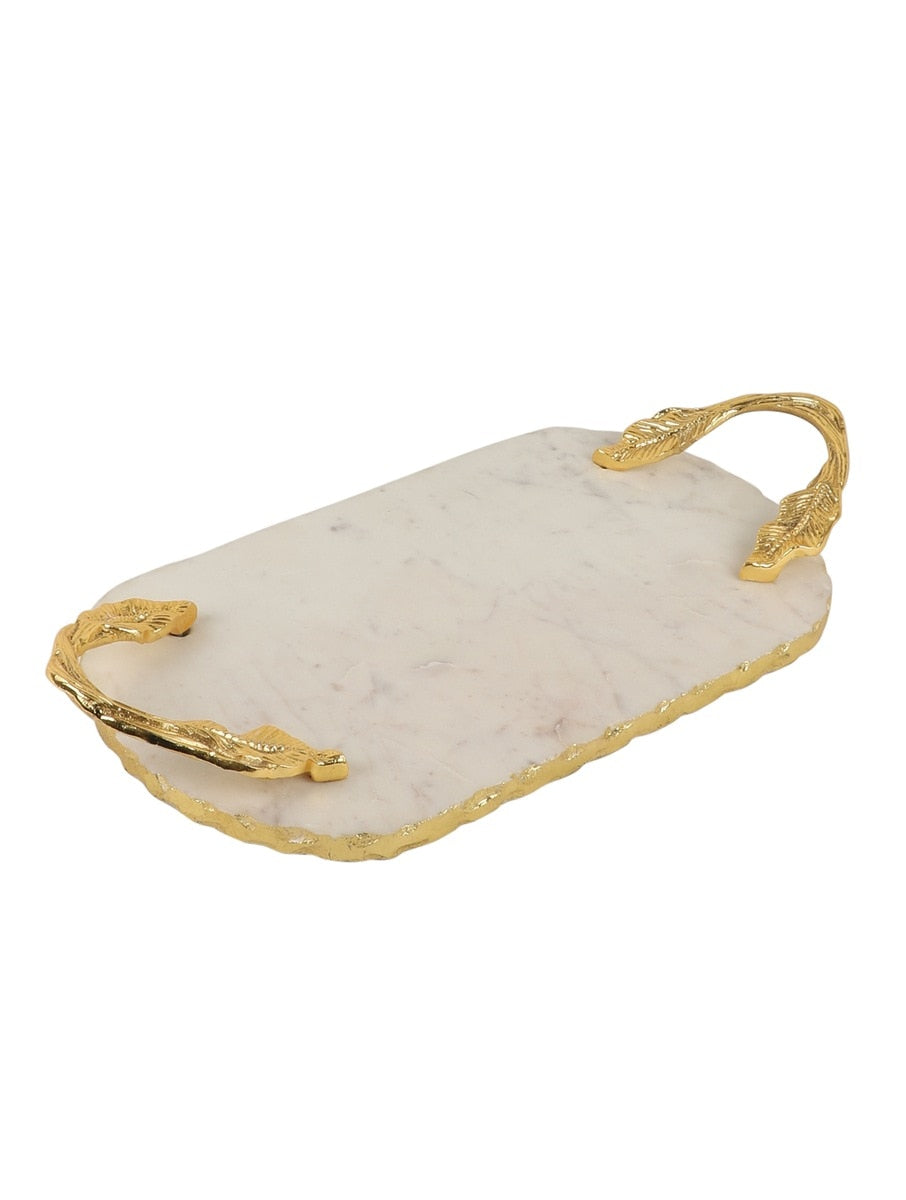 White Marble Rectangular Tray with Metal Branch Handles