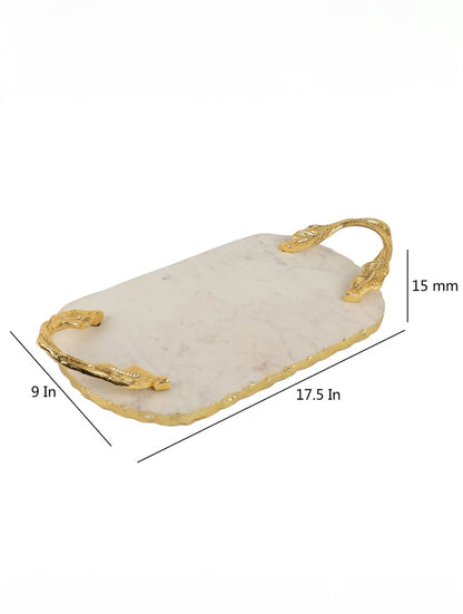 White Marble Rectangular Tray with Metal Branch Handles